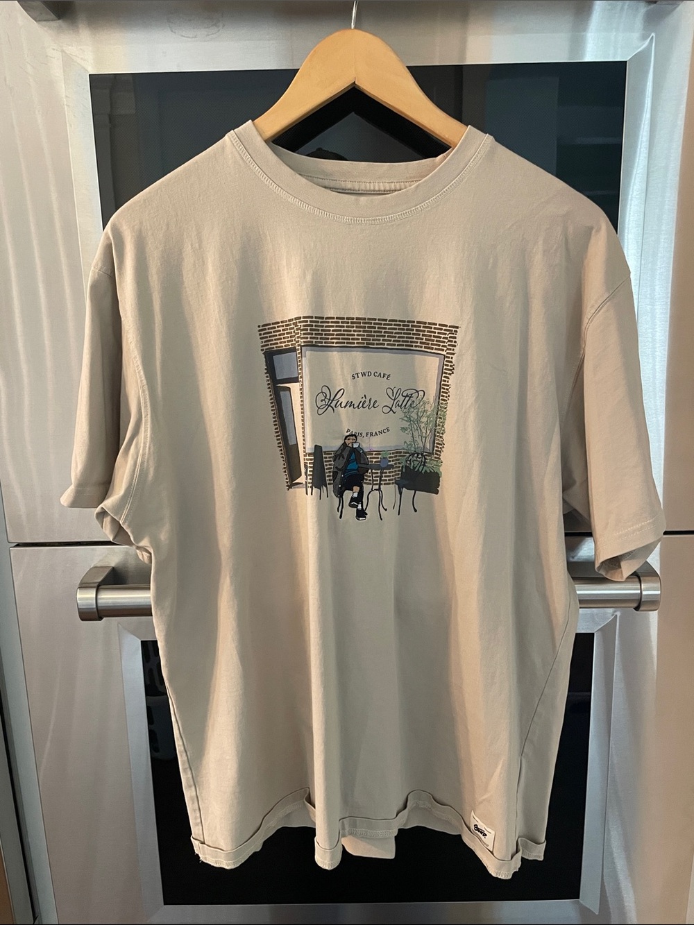 Pull&Bear Beige Graphic Tee with Cafe Illustration